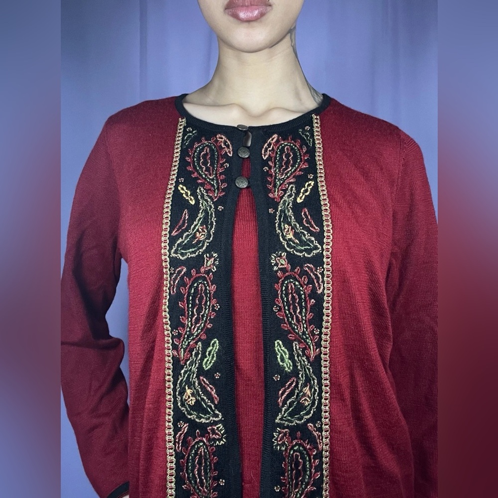 Koret Westminster Red Embroidered Paisley Long Sleeve Cardigan Sweater Size S